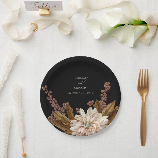 Autumn Floral Black Watercolor Fall Wedding Paper Plate (Wedding)