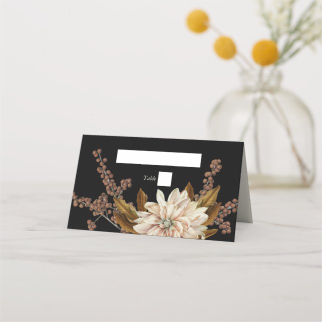 Autumn Floral Black Watercolor Fall Wedding Place Card (Front)