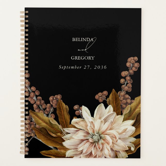 Autumn Floral Black Watercolor Fall Wedding Planner (Front)