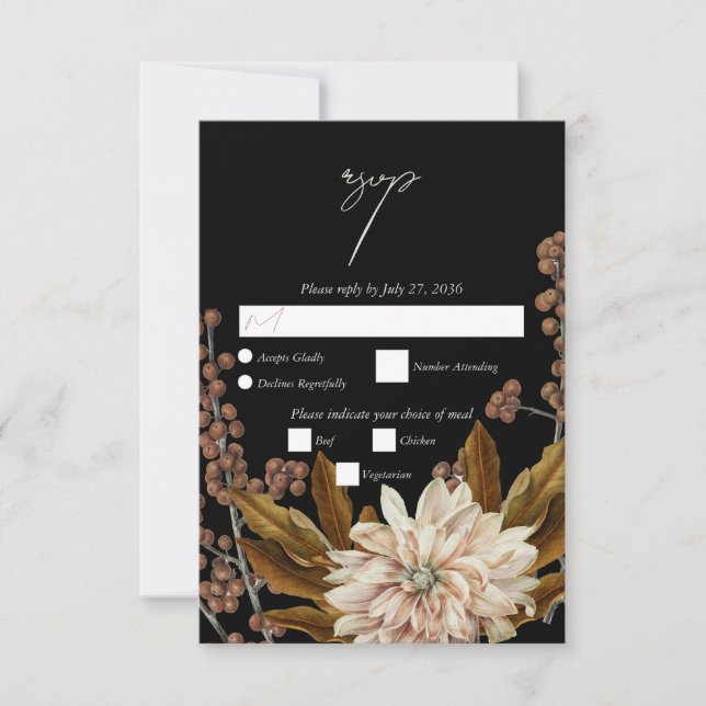 Autumn Floral Black Watercolor Fall Wedding RSVP Card (Front)