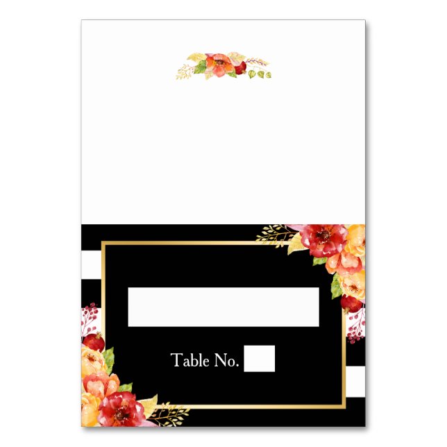 Autumn Floral Black White Stripes Wedding Place Table Number (Front)
