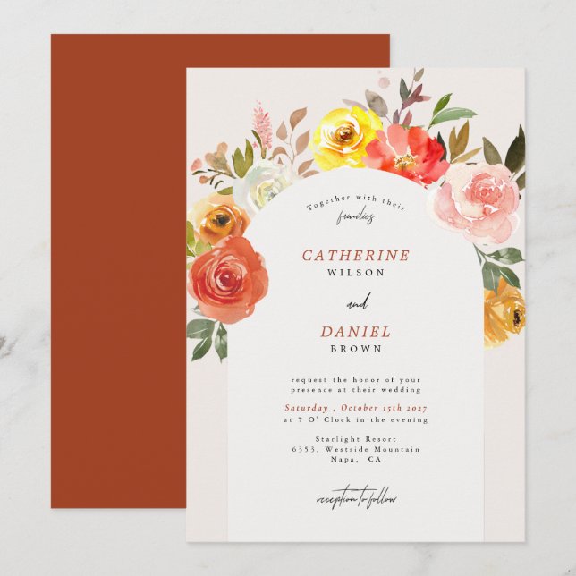 Autumn Floral Bloom Elegant Arch Wedding  Invitation (Front/Back)