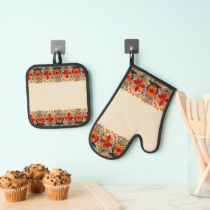 Autumn floral border print oven mitt & pot holder set