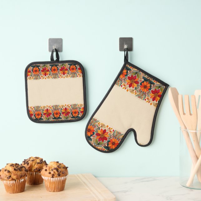 Autumn floral border print oven mitt & pot holder set (Insitu(Hanging))