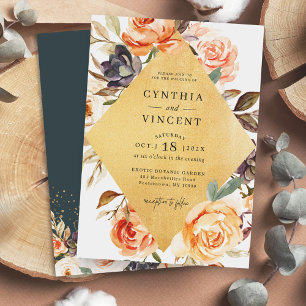 Autumn Floral Bouquet Gold Diamond Frame Wedding Invitation