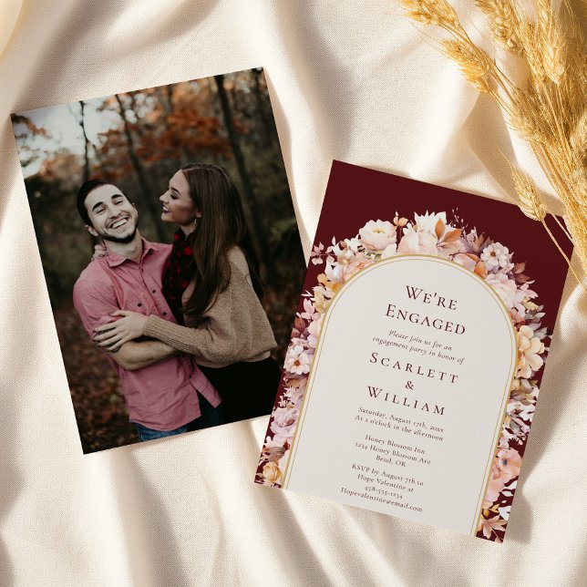 Autumn Floral Burgundy Arch Photo We're Engaged Invitation (Creator Uploaded)