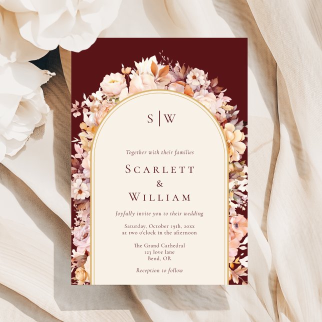 Autumn Floral Burgundy Cream Arch Monogram Wedding Invitation (Creator Uploaded)