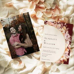 Autumn Floral Burgundy Cream Modern Photo Wedding Invitation