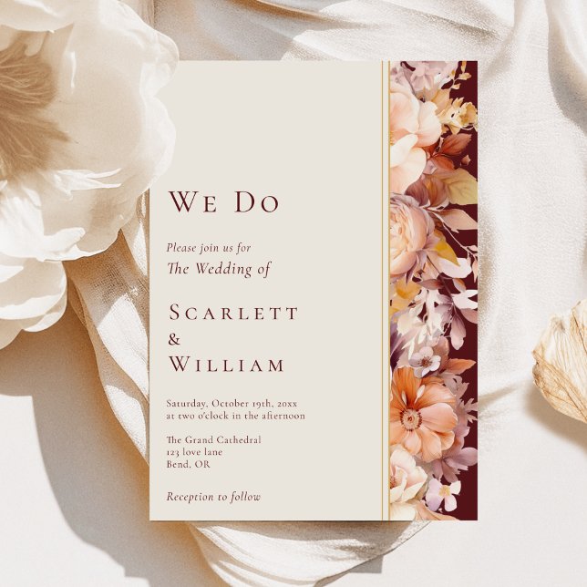 Autumn Floral Burgundy Cream Modern We Do Wedding Invitation (Creator Uploaded)