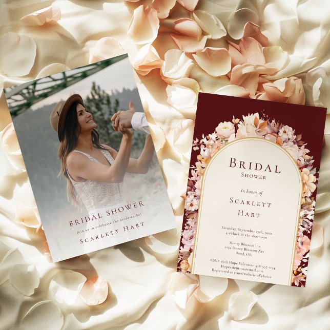 Autumn Floral Burgundy Cream Photo Bridal Shower Invitation (Creator Uploaded)