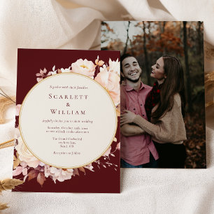 Autumn Floral Burgundy Cream Simple Photo Wedding Invitation
