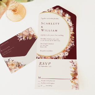 Autumn Floral Burgundy Cream Simple RSVP Wedding All In One Invitation