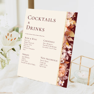 Autumn Floral Burgundy Cream Wedding Drinks Bar Pedestal Sign