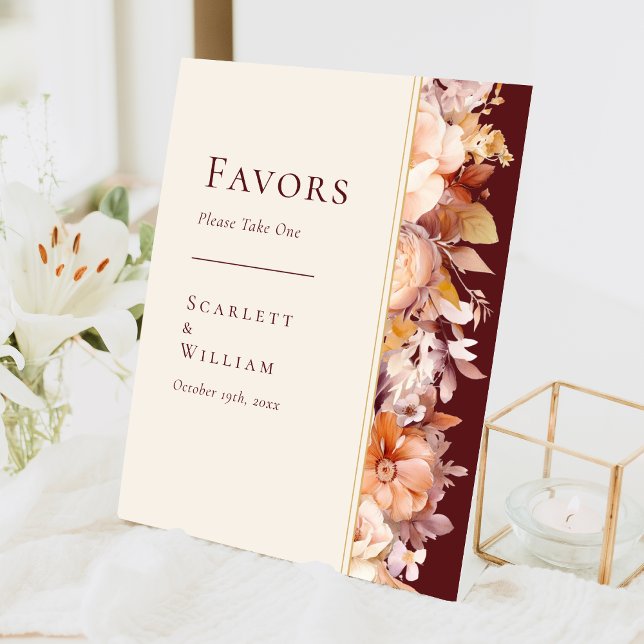 Autumn Floral Burgundy Cream Wedding Favours Pedestal Sign (Creator Uploaded)