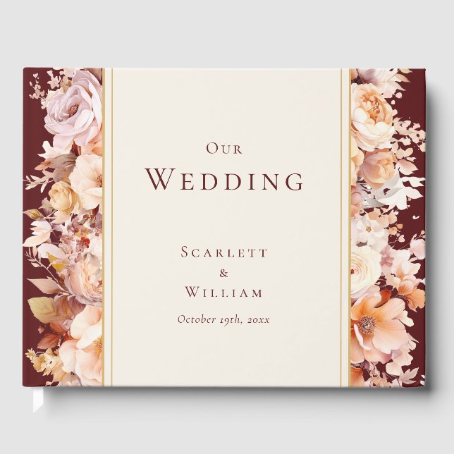 Autumn Floral Burgundy Cream Wedding Guest Book (Front)