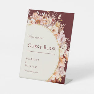 Autumn Floral Burgundy Cream Wedding Guest Book Pedestal Sign