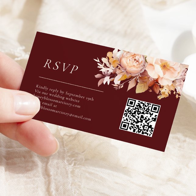 Autumn Floral Burgundy Cream Wedding QR Code RSVP Enclosure Card (Creator Uploaded)