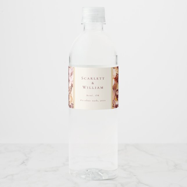 Autumn Floral Burgundy Cream Wedding Water Bottle Label (Front)