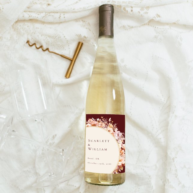 Autumn Floral Burgundy Cream Wedding Wine Label (Creator Uploaded)