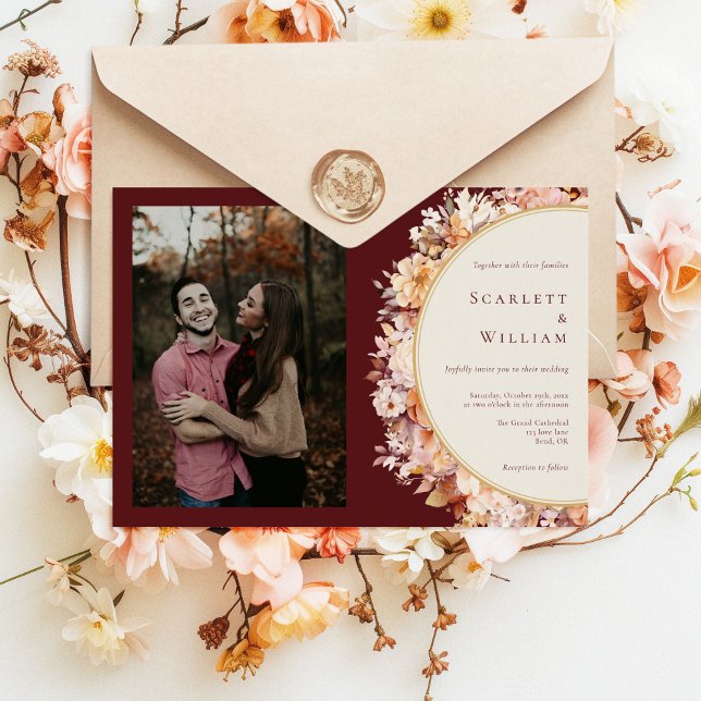 Autumn Floral Burgundy Horizontal Photo Wedding Invitation (Creator Uploaded)