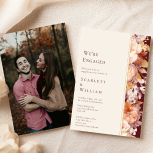 Autumn Floral Burgundy Modern Photo We're Engaged Invitation
