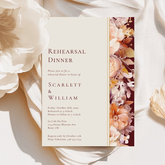 Autumn Floral Burgundy Modern Wedding Rehearsal Invitation (Creator Uploaded)