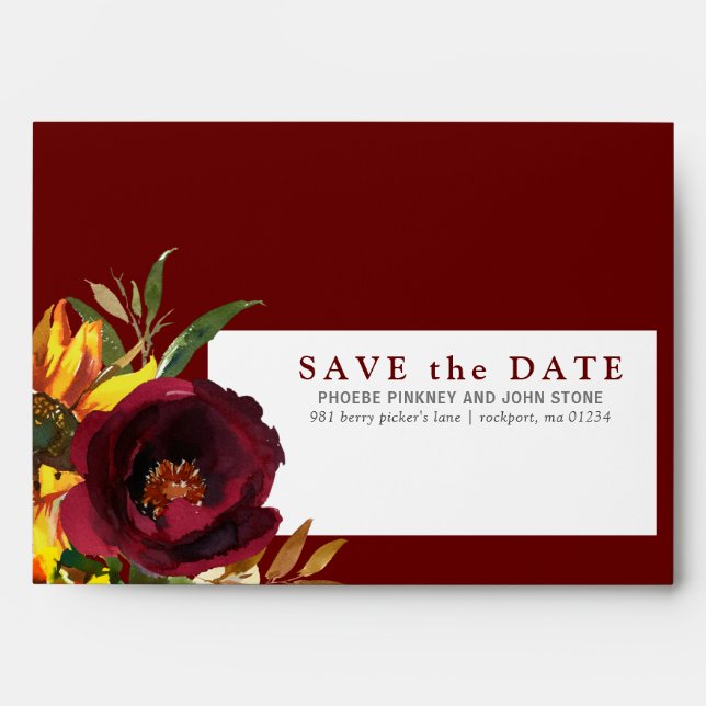 Autumn Floral Burgundy Save the Date Envelope (Front)