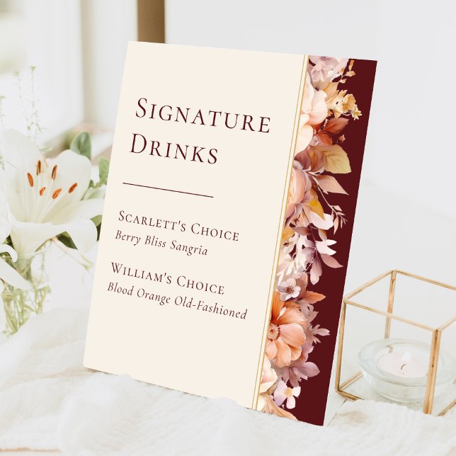 Autumn Floral Burgundy Wedding Signature Drinks Pedestal Sign (Creator Uploaded)