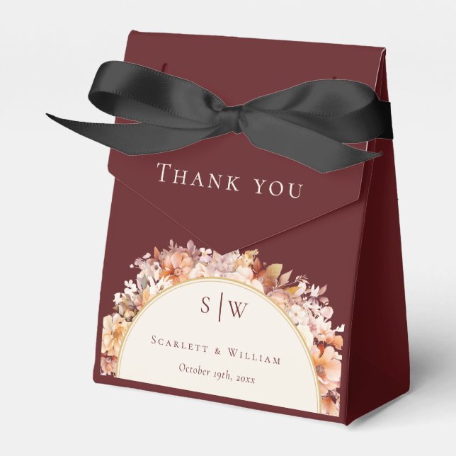 Autumn Floral Burgundy Wedding Thank You Monogram Favour Box (Front Side)