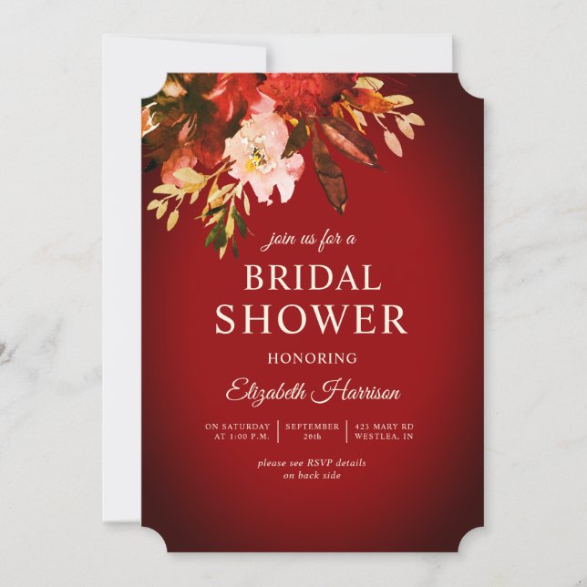 Autumn Floral Burnished Red Bridal Shower Invitation (Front)