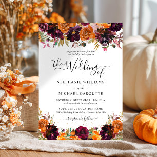 Autumn Floral Burnt Orange Gold Glitter Wedding Invitation
