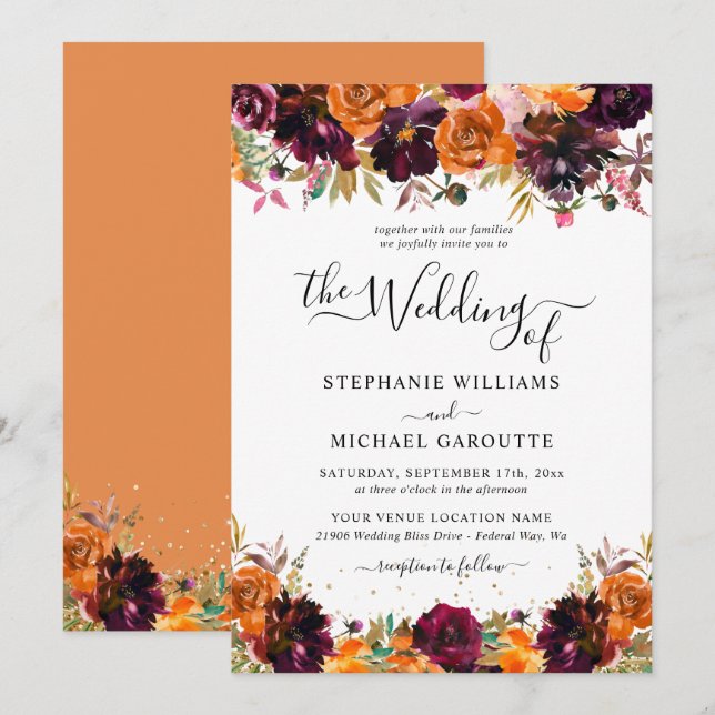 Autumn Floral Burnt Orange Gold Glitter Wedding Invitation (Front/Back)