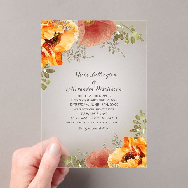 Autumn Floral Burnt Orange Rustic Wedding Acrylic Invitations (Insitu (Handheld))