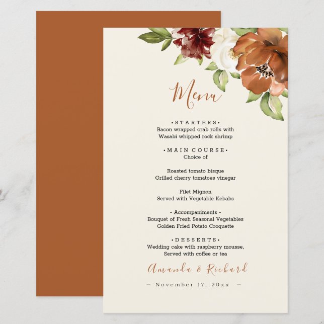 Autumn Floral Dark Orange Wedding Menu (Front/Back)
