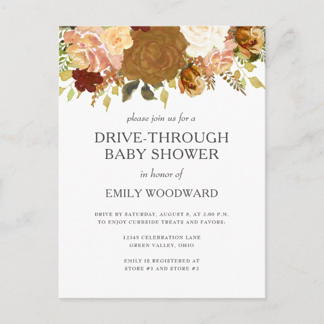Autumn Floral Drive-Through Baby Shower Invitation Postcard (Front)