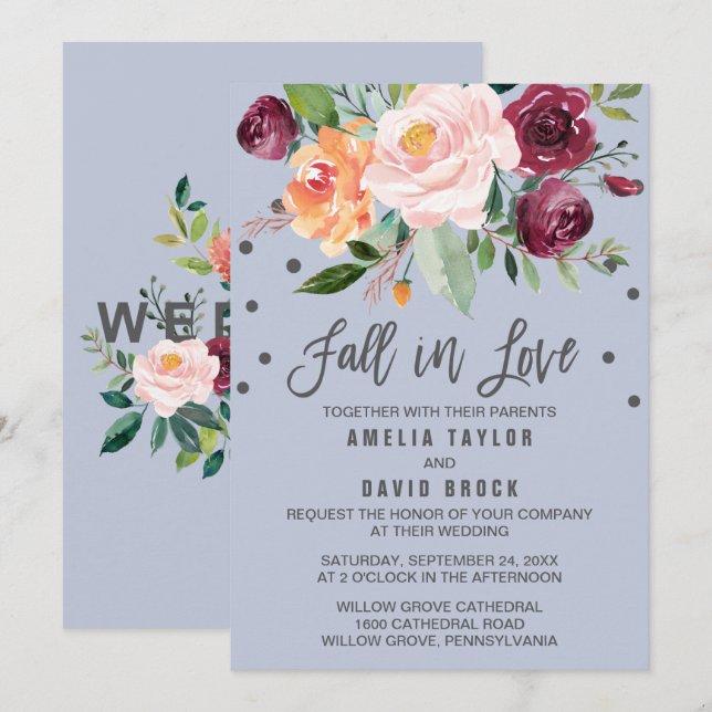 Autumn Floral Dusty Blue Fall In Love Wedding Invitation (Front/Back)