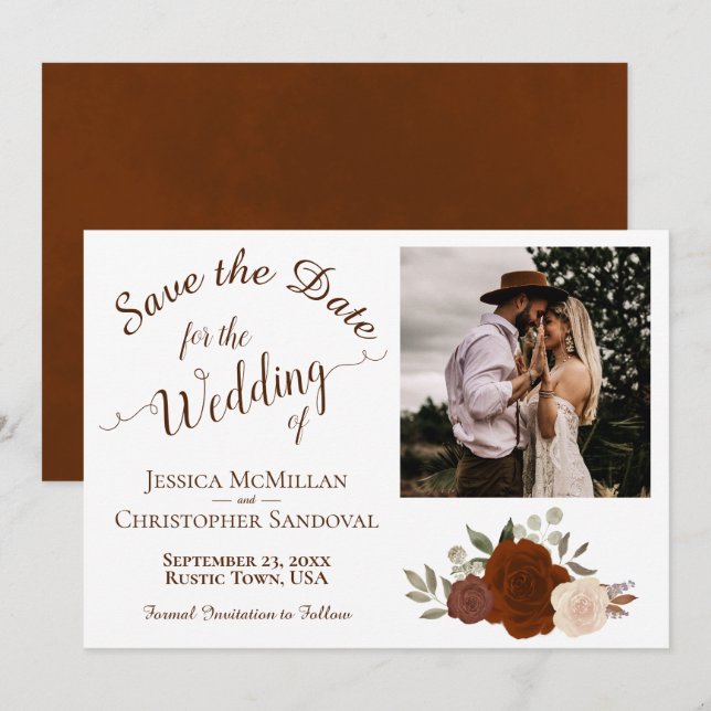 Autumn Floral Elegant Calligraphy & Photo Wedding Save The Date (Front/Back)