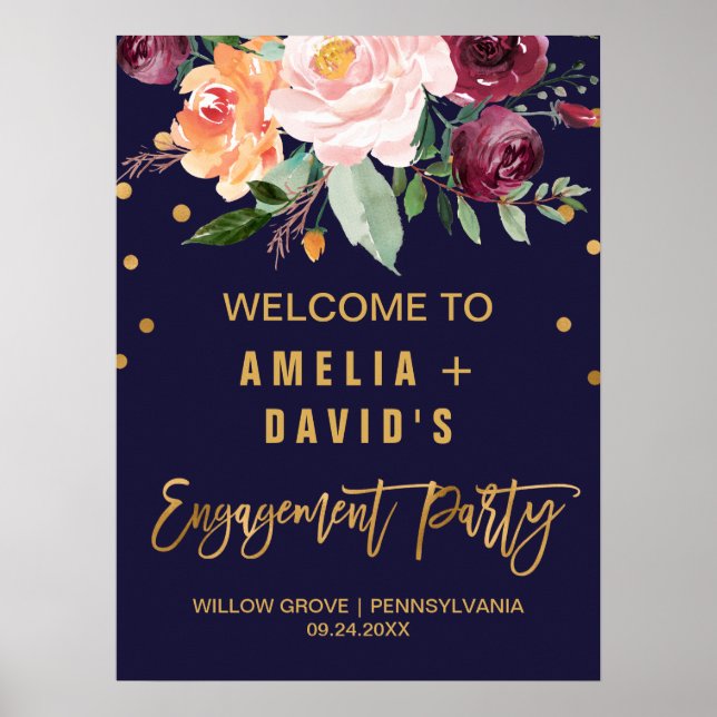 Autumn Floral Engagement Party Welcome Poster (Front)