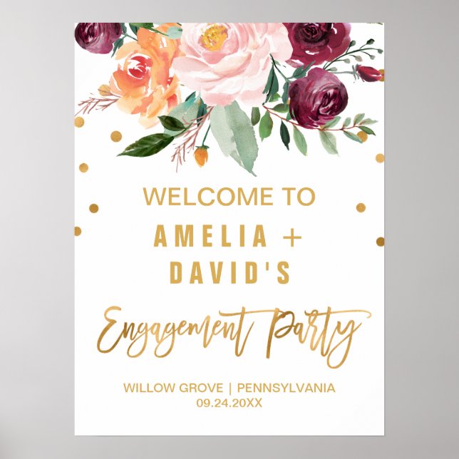 Autumn Floral Engagement Party Welcome Poster (Front)