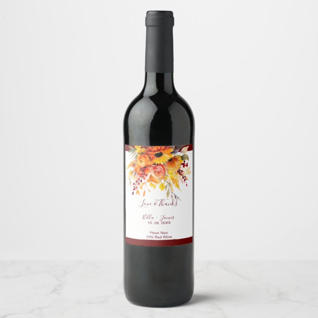 Autumn Floral Foliage Wedding  Wine Labels (Front)