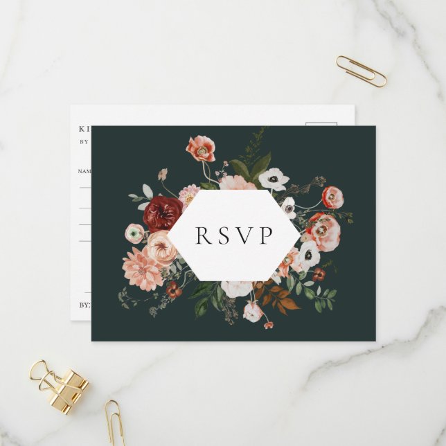 Autumn Floral Frame Wedding RSVP Song Request Invitation Postcard (Front/Back In Situ)