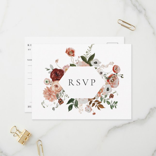 Autumn Floral Frame Wedding RSVP Song Request Invitation Postcard (Front/Back In Situ)