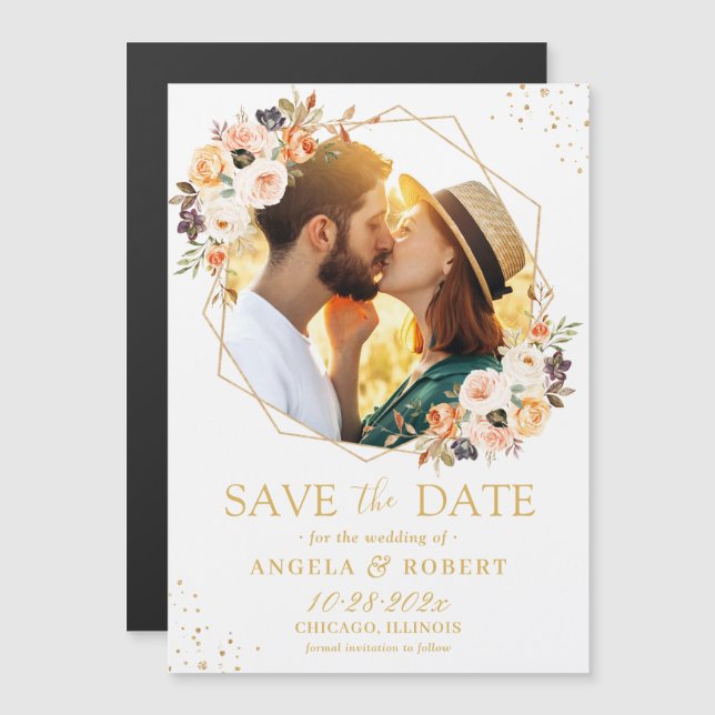 Autumn Floral Geometric Photo Save the Date Magnet (Front/Back)