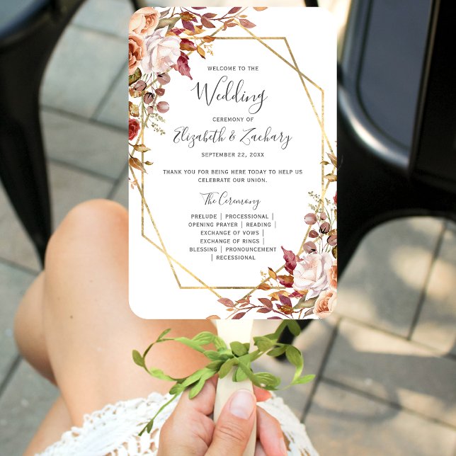 Autumn Floral Geometric Wedding Program Hand Fan (Creator Uploaded)