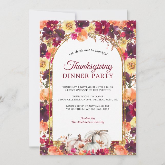 Autumn Floral Gold Arch Thanksgiving Invitation (Front)
