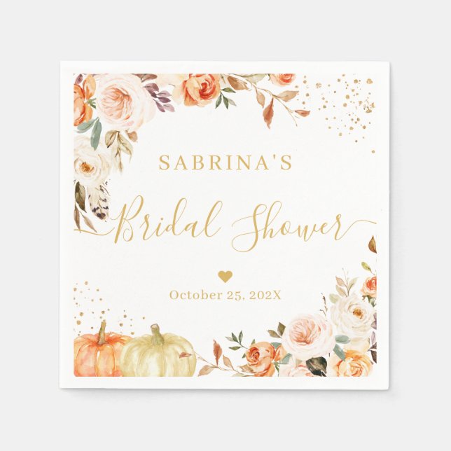 Autumn Floral Gold Confetti Bridal Shower Napkins (Front)
