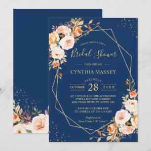 Autumn Floral Gold Frame Navy Blue Bridal Shower Invitation