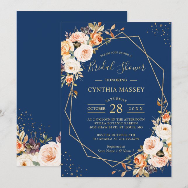 Autumn Floral Gold Frame Navy Blue Bridal Shower Invitation (Front/Back)
