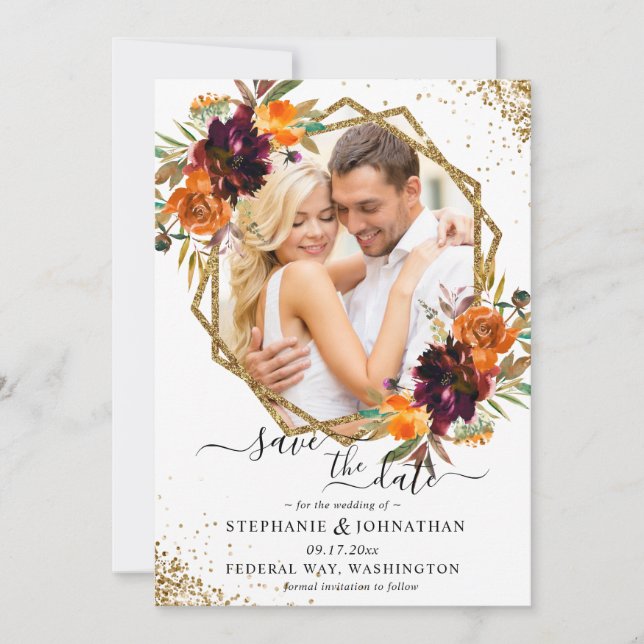 Autumn Floral Gold Glitter Save The Date (Front)