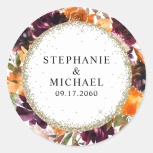Autumn Floral Gold Glitter Wedding Classic Round Sticker
